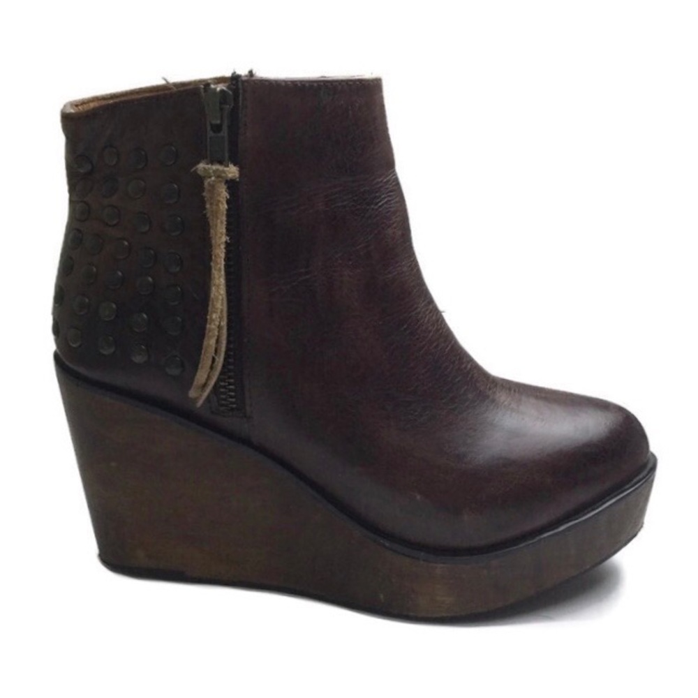 BED|STU Ghent Distressed Brown Leather Studded Side Zip Wooden Wedge Bootie Sz 7